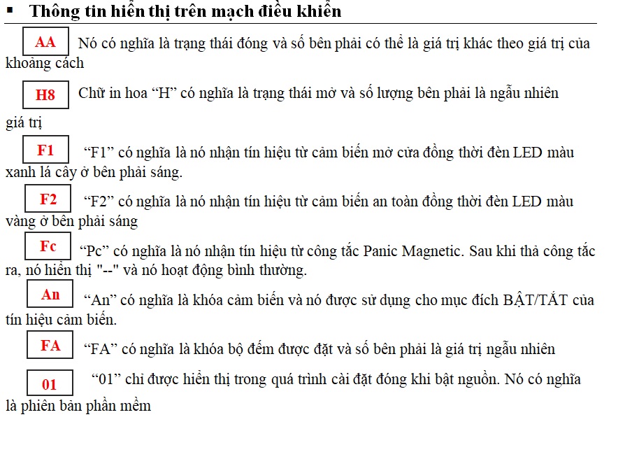 hiển thị thông tin trên mạch H&T Hiển thị thông tin khi cửa H&T hoạt động