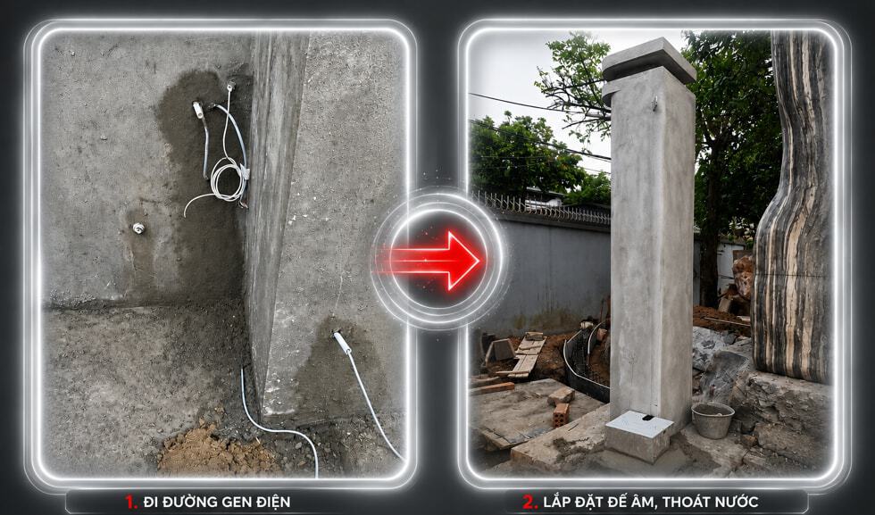 đi dây điện, gen điện, lắp đặt đế âm sàn cổng